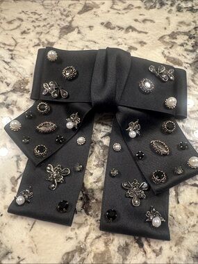 Saks Fifth Avenue Black Bow Hair Clip with Pearl & Crystal Accents
